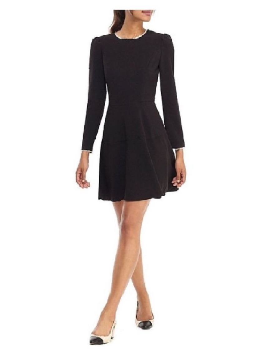 Girl Meets Glam Women's Black Long-Sleeve Pearl Trim Fit & Flare Dress, 18, New!